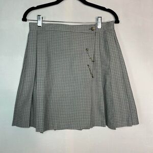 Vintage 90s Houndstooth Chic Preppy Size 11 Embellished Pins Pleated Wrap Skirt